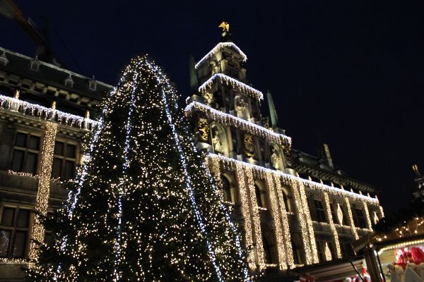 Verlicht Stadhuis in Winters Antwerpen